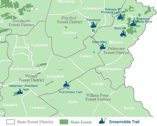 Map showing snowmobile trail locations within the Pocono and eastcentral mountains region of Pennsylvania