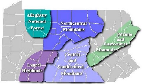 Map showing the regions of Pennsylvania containing State Forest snowmobile trails